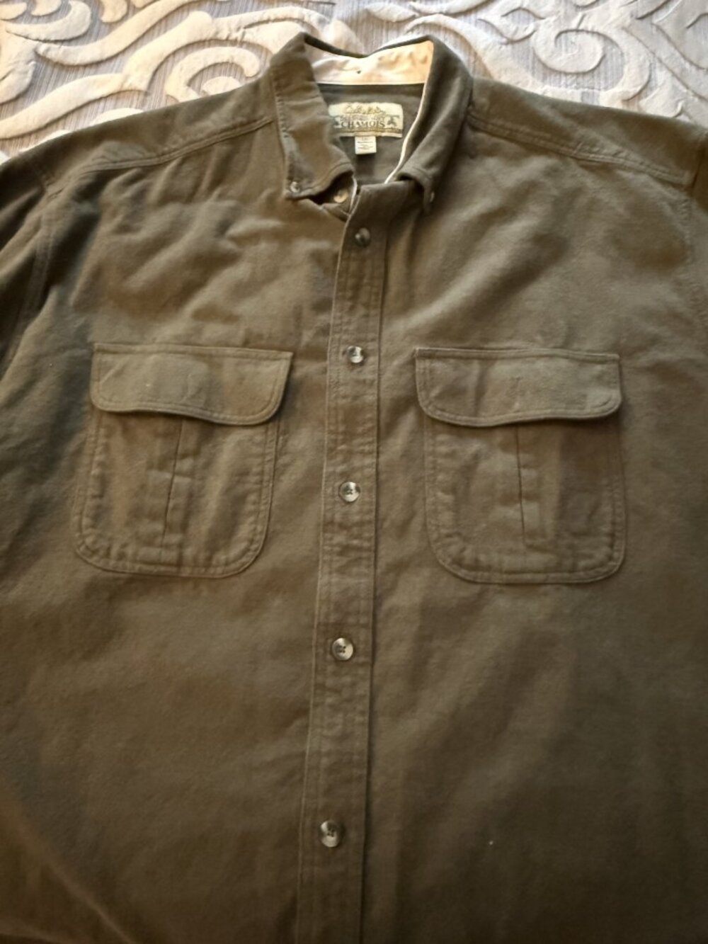 Cabela's Deerskin Soft Chamois Shirt Men's Large Olive Green Long Sleeve Cotton